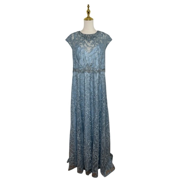 MAC DUGGAL 79430 Slate Blue Lace Embellished Cap Sleeve A-Line Size 14 $798